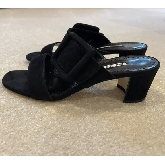 Manolo Blahnik Titubanew Suede Buckle Slide Sandals - Picture 4 of 7